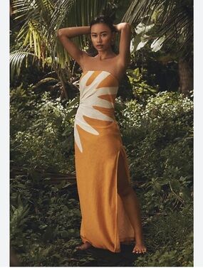 Anthropologie Celandine Sunburst Strapless Maxi Dress in Yellow and White xs